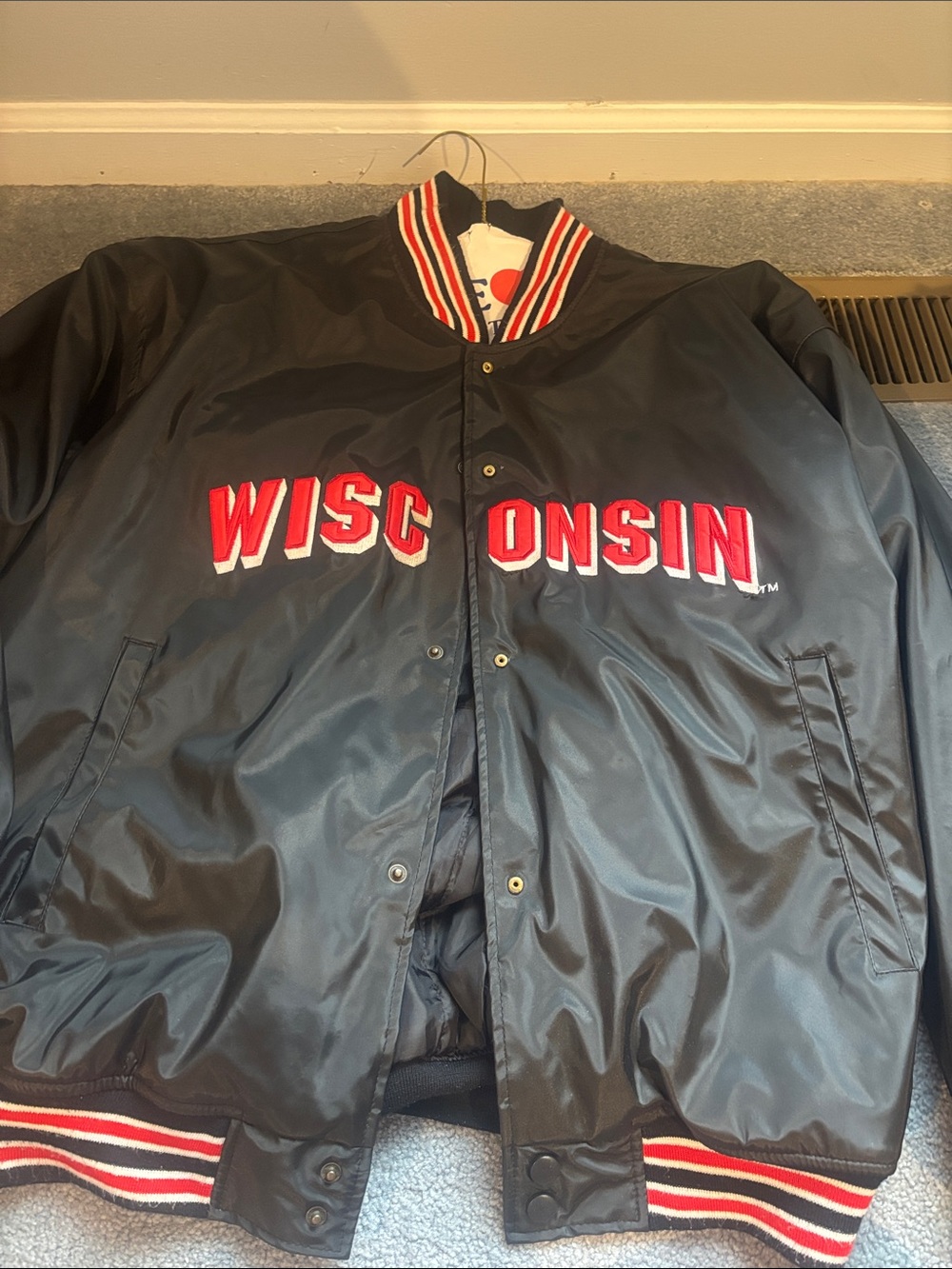 Unisex Black Wisconsin Satin Bomber Jacket with Red Trim